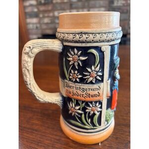 Vintage West Germany Beer Stein Relief Hunters Edelweiss Stoneware Mug 0.5L